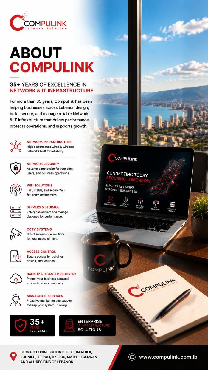 About Compulink Hero Image showcasing Lebanon's Network & IT Infrastructure company with 35+ years of experience delivering enterprise network infrastructure, structured cabling, fiber optic networks, business WiFi, network security, servers, storage, backup & disaster recovery, CCTV, access control, and managed IT services for businesses across Beirut, Matn, Sin El Fil, Jdeideh, Keserwan, Jounieh, Byblos, Tripoli, Baalbek, Mount Lebanon, and all regions of Lebanon.