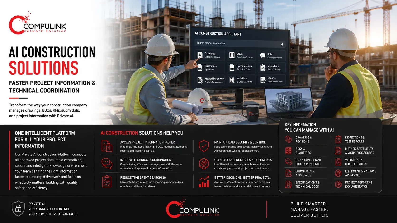 Compulink AI Construction Solutions in Lebanon showing construction teams using secure Private AI to manage drawings, BOQs, RFIs, specifications, submittals, inspections and project information for faster technical coordination and project delivery.
