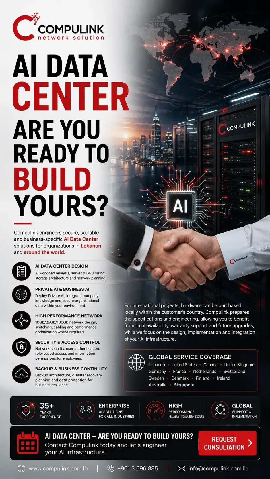 Compulink AI Data Center engineering for businesses in Lebanon and worldwide, featuring Private AI, GPU servers, enterprise storage, high-performance networking, security, backup, global infrastructure design and international implementation.