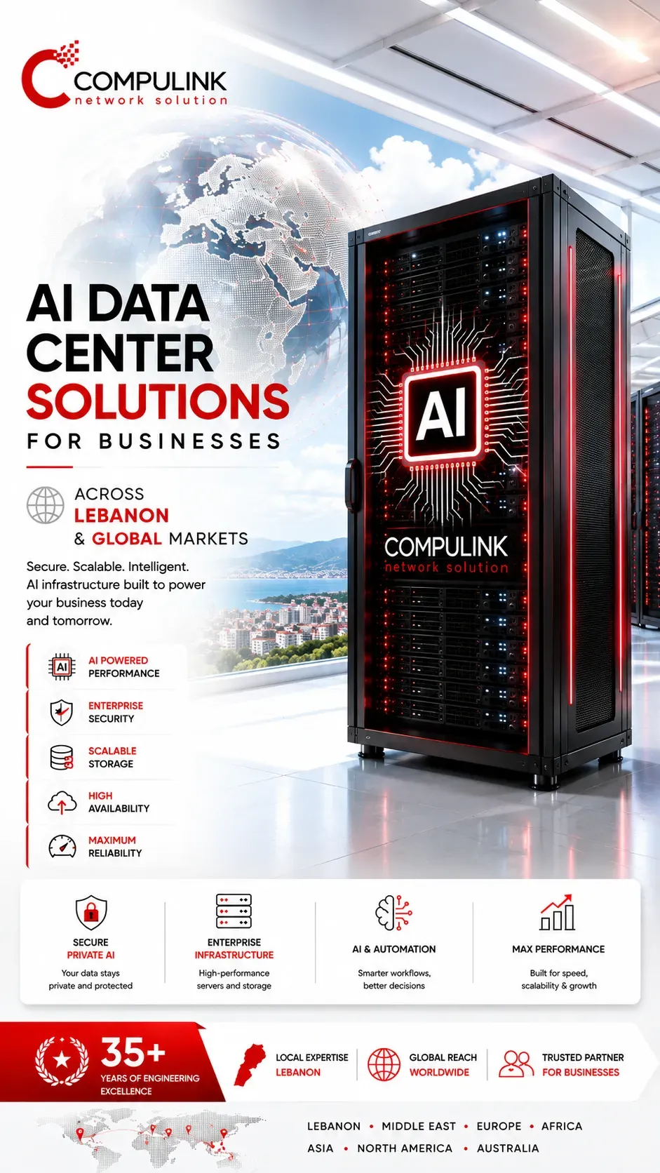 AI Data Center Solutions for Businesses by Compulink in Lebanon and Global Markets featuring private AI infrastructure, enterprise GPU servers, AI automation, intelligent business solutions, secure enterprise data center, scalable storage, high-performance computing, network infrastructure, cybersecurity, and AI-powered digital transformation.