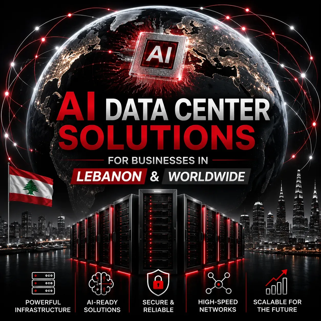 Compulink AI Data Center Solutions for businesses in Lebanon and worldwide, featuring AI computing, enterprise server infrastructure, secure high-speed networks, scalable AI systems and global connectivity.