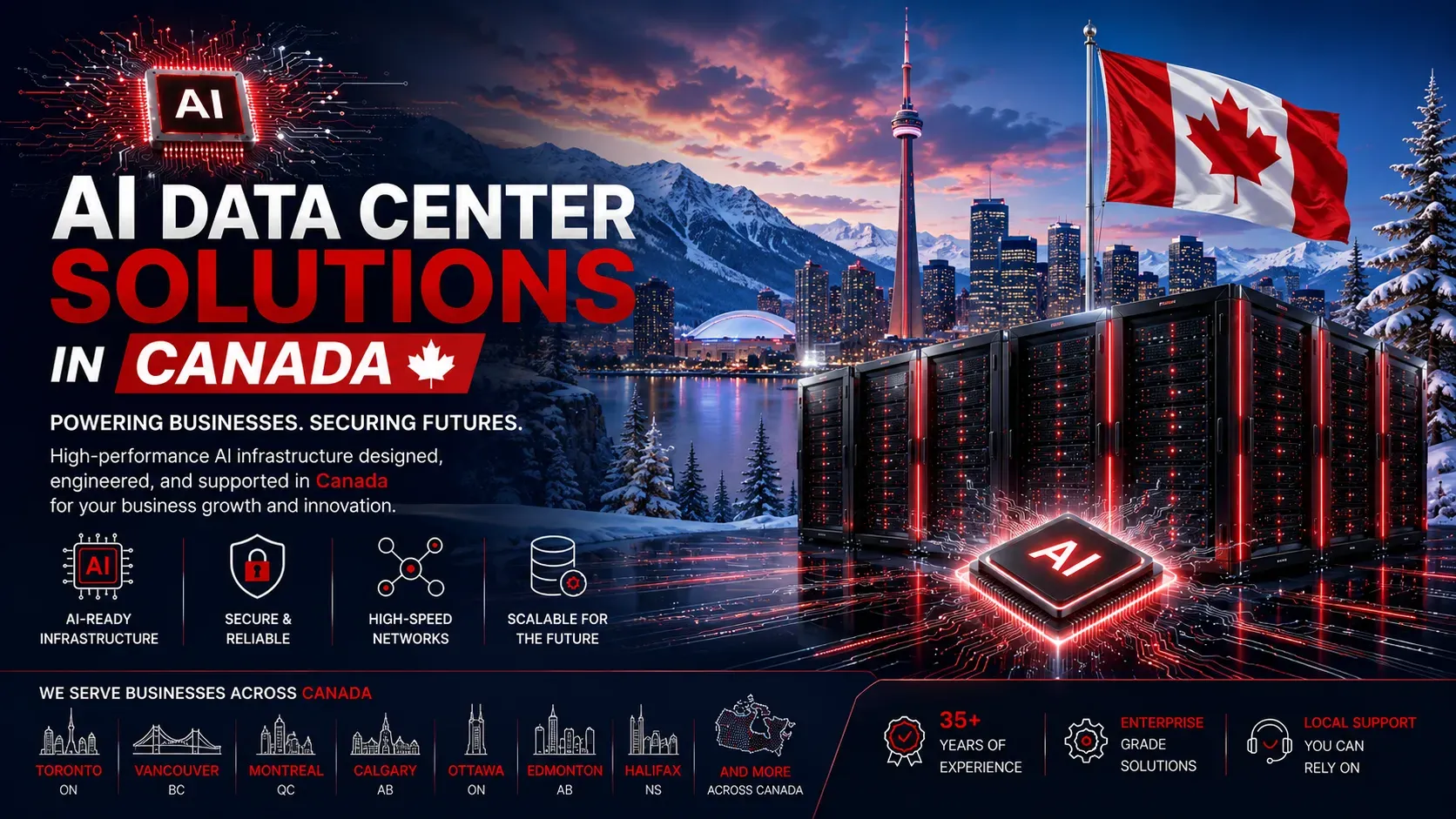 Compulink AI Data Center Solutions in Canada featuring AI computing, enterprise servers, secure high-speed networks and scalable AI infrastructure for businesses across Toronto, Vancouver, Montreal, Calgary, Ottawa and other Canadian markets.