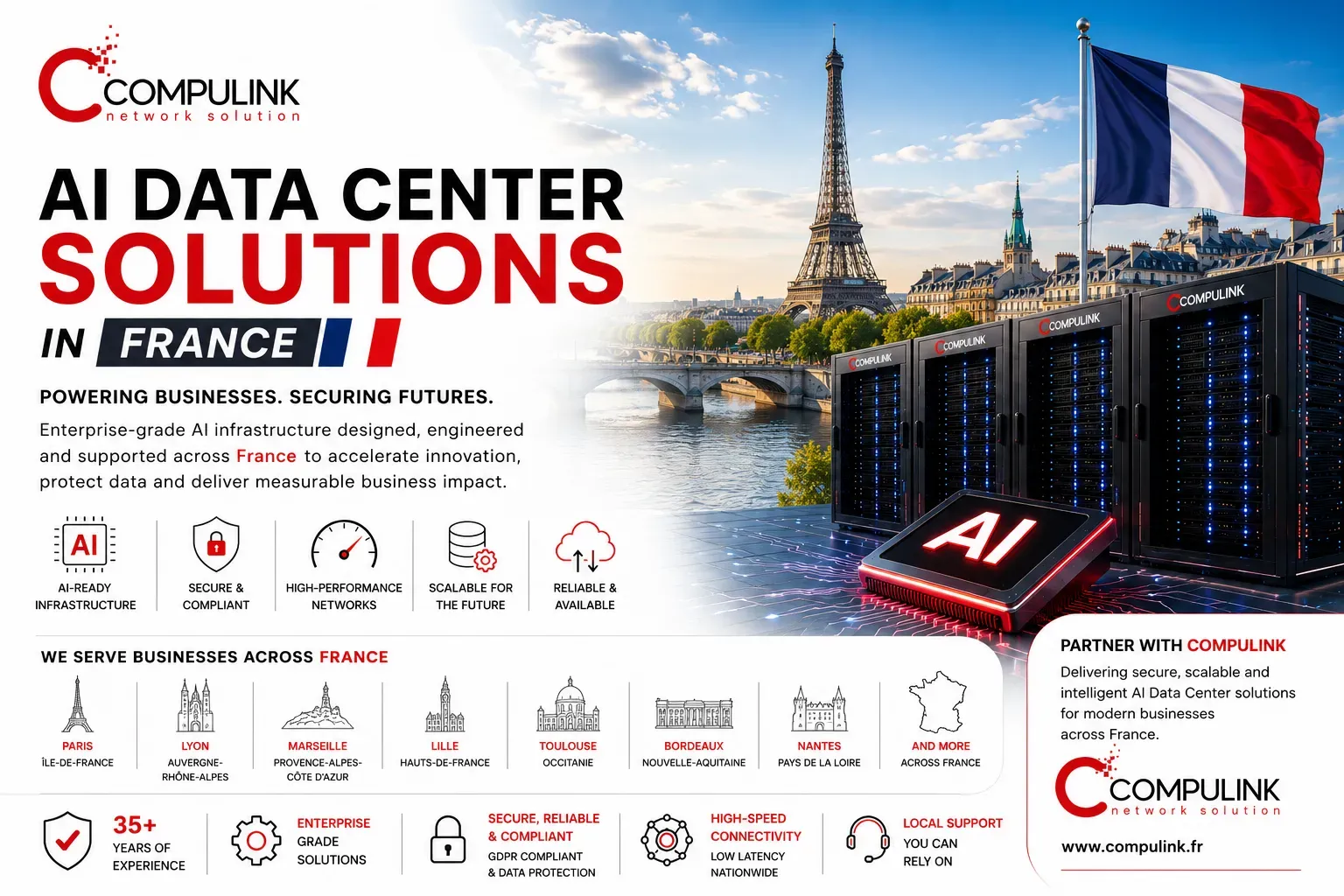 Compulink AI Data Center Solutions in France featuring AI computing, enterprise servers, secure high-speed networks and scalable AI infrastructure across Paris, Lyon, Marseille, Lille, Toulouse, Bordeaux and Nantes.