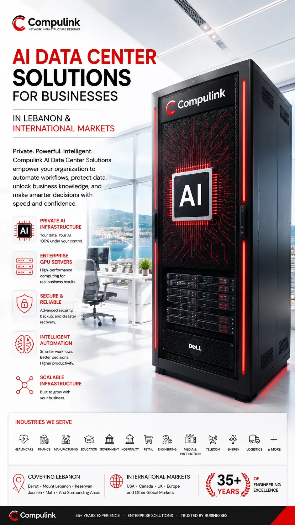 AI Data Center Solutions by Compulink Lebanon for businesses and international markets, featuring private AI infrastructure, enterprise GPU servers, secure AI computing, intelligent automation, scalable storage, high-performance networking, and business AI solutions.
Caption
