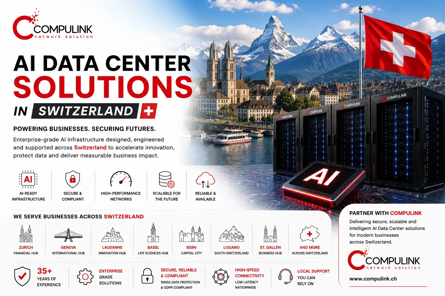 Compulink AI Data Center Solutions in Switzerland featuring AI computing, enterprise servers, secure high-speed networks and scalable AI infrastructure across Zurich, Geneva, Lausanne, Basel, Bern, Lugano and St. Gallen.
