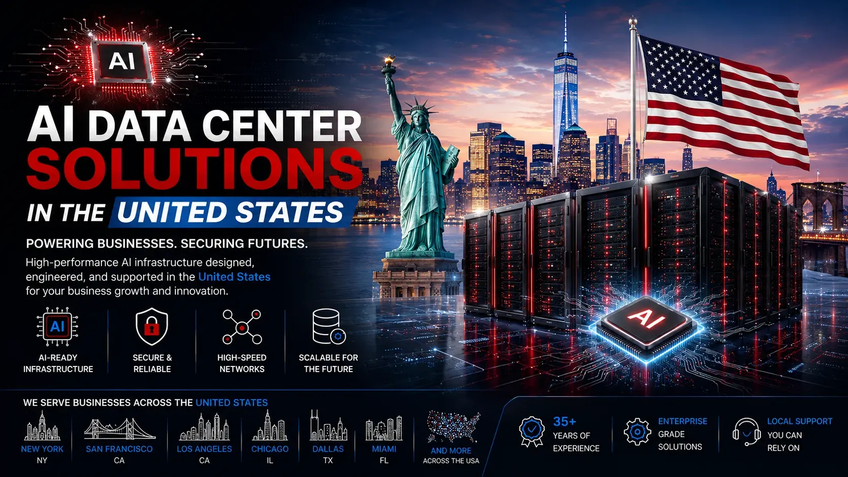 Compulink AI Data Center Solutions in the United States featuring AI computing infrastructure, enterprise servers, secure high-speed networks and scalable AI systems serving businesses across New York, California, Texas, Florida and major U.S. markets.