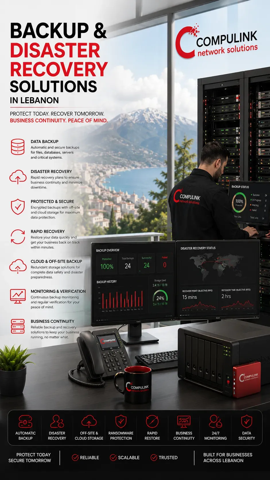 Professional Backup & Disaster Recovery Solutions in Lebanon by Compulink Network Solutions, featuring enterprise business data backup, disaster recovery planning, cloud backup, NAS backup, Microsoft 365 backup, ransomware protection, rapid data recovery, business continuity, secure server infrastructure, and IT backup solutions for businesses across Lebanon.