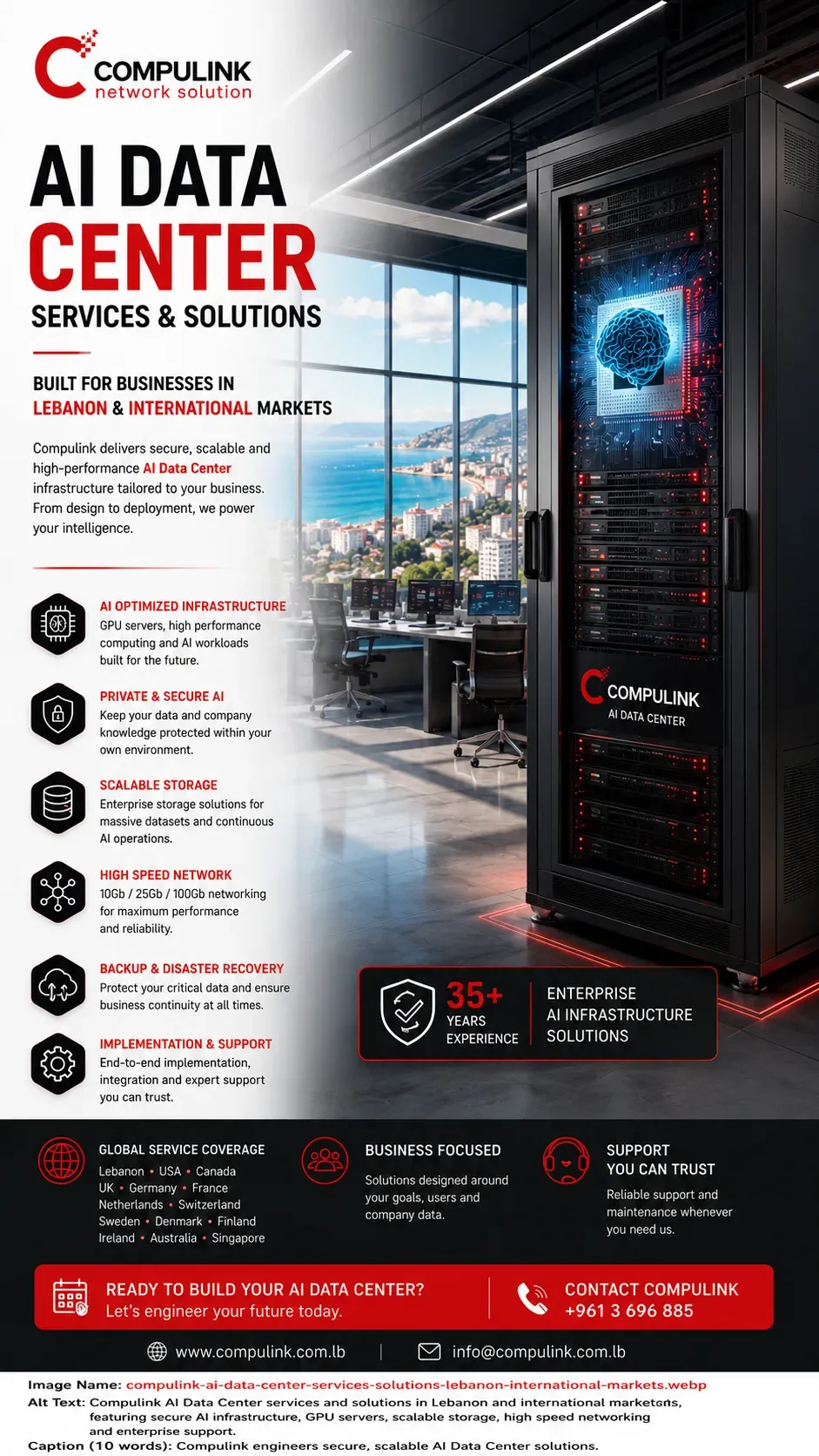 Compulink AI Data Center services and solutions in Lebanon and international markets, featuring secure AI infrastructure, GPU servers, scalable enterprise storage, high-speed networking, Private AI, backup and implementation support.