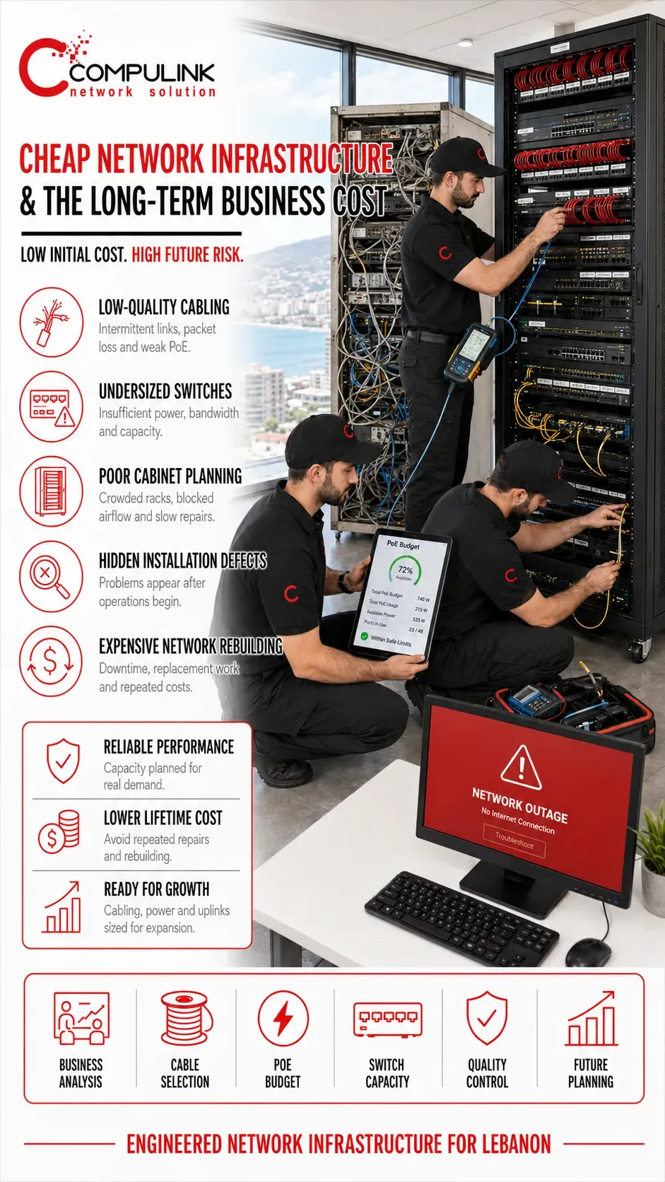 Compulink technicians comparing failed low-cost network infrastructure with an engineered business network in Lebanon, highlighting poor cabling, undersized PoE switches, outages and rebuilding costs.