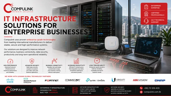 Enterprise IT infrastructure solutions in Lebanon by Compulink, delivering professional network infrastructure, enterprise networking, structured cabling, fiber optic networks, WiFi mesh installation, servers and storage, network security, cybersecurity, CCTV systems, access control, backup and disaster recovery solutions for enterprise businesses.
