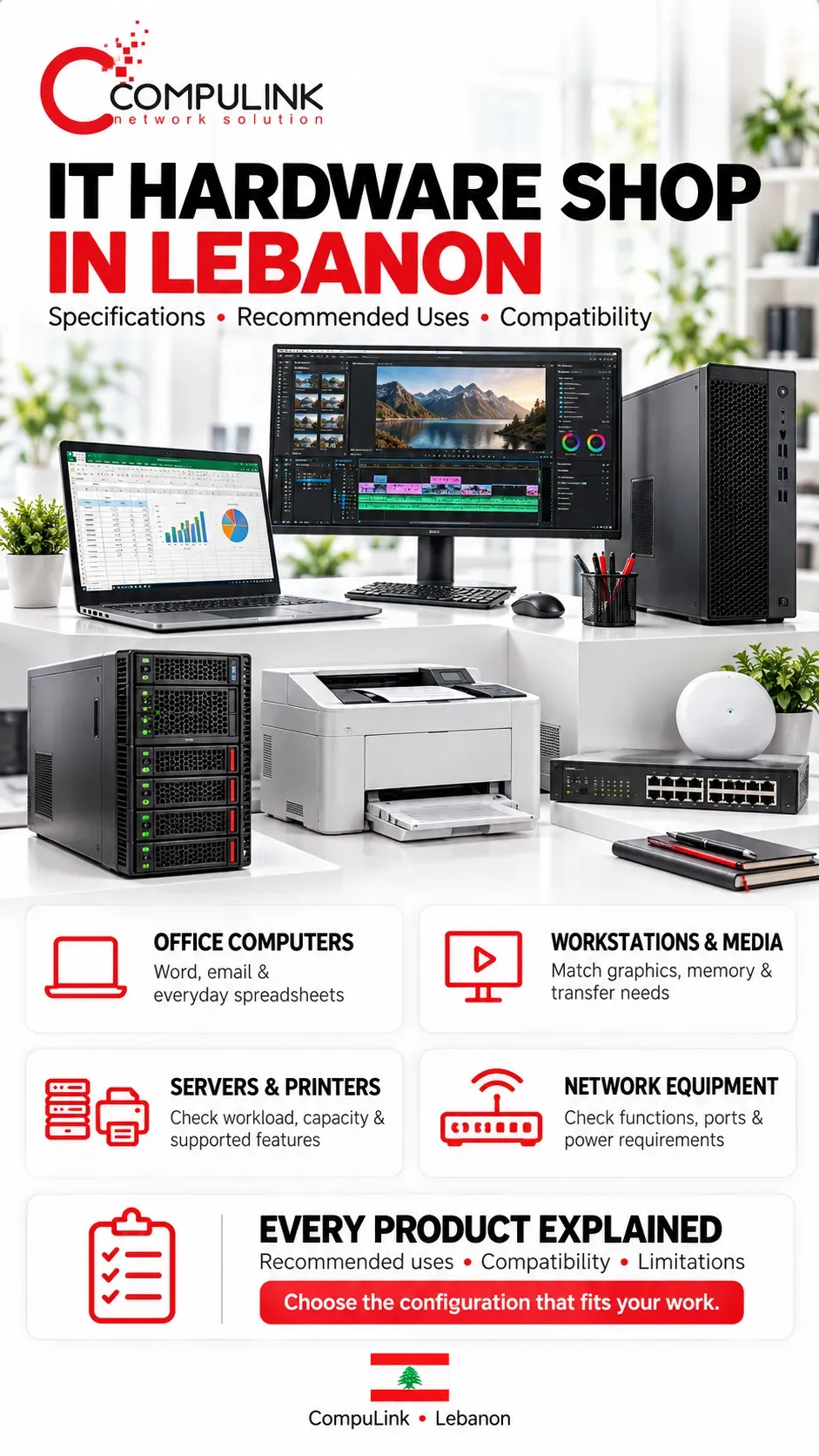 CompuLink IT hardware shop in Lebanon showing a laptop, workstation, server, printer, network switch and wireless access point, with guidance on recommended uses and compatibility.