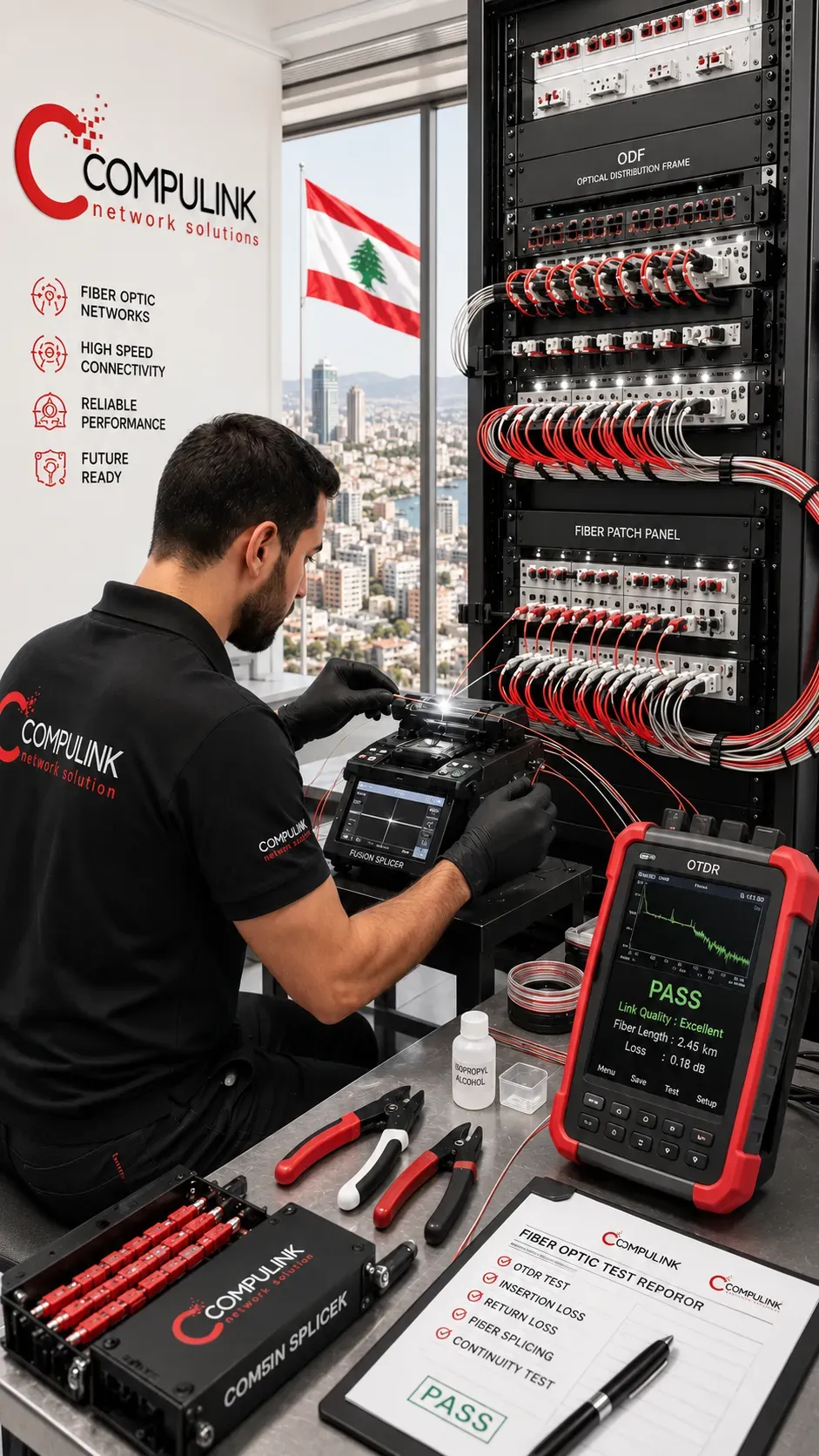 Professional Fiber Optic Network Installation Services in Lebanon by Compulink featuring fiber optic fusion splicing, single mode and multi mode fiber optic cables, ODF optical distribution frame, fiber patch panels, OTDR fiber testing, enterprise rack cabinets, and high-speed business network infrastructure.