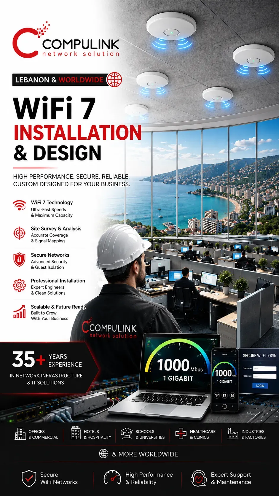 Compulink WiFi 7 Installation & Design hero image featuring professional WiFi site survey, business study, enterprise wireless network design, WiFi installation, secure WiFi infrastructure, Lebanon & worldwide services.