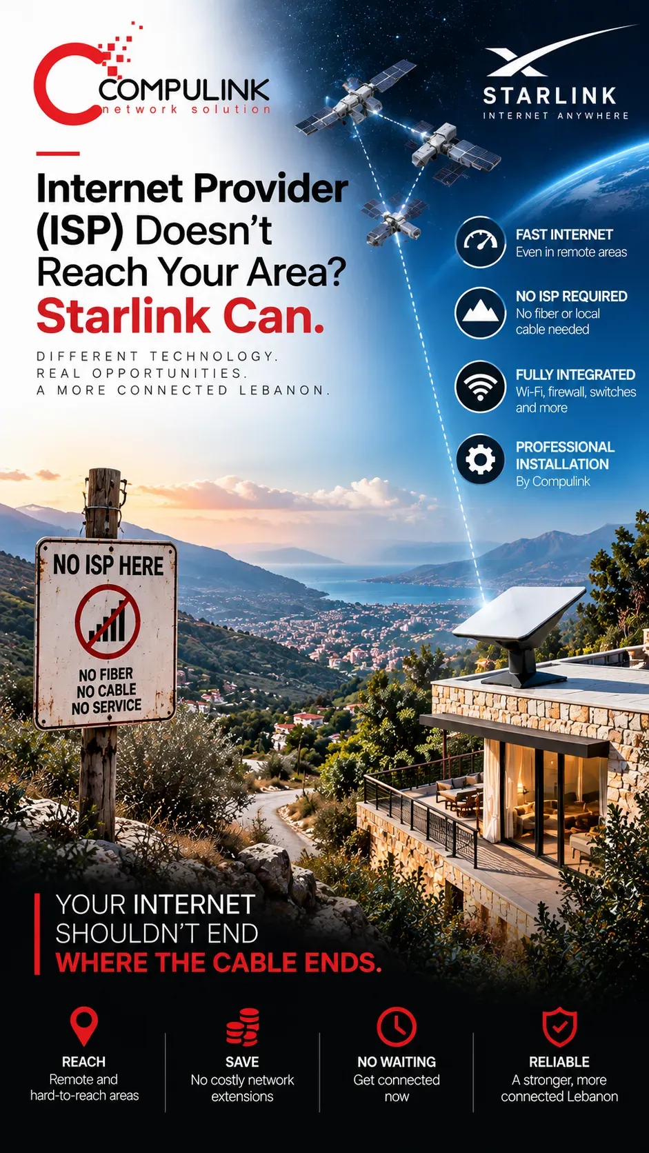 Compulink Starlink installation in Lebanon for areas where an Internet Provider ISP cannot reach, providing Starlink internet, Wi-Fi and network connectivity without local fiber or ISP cabling