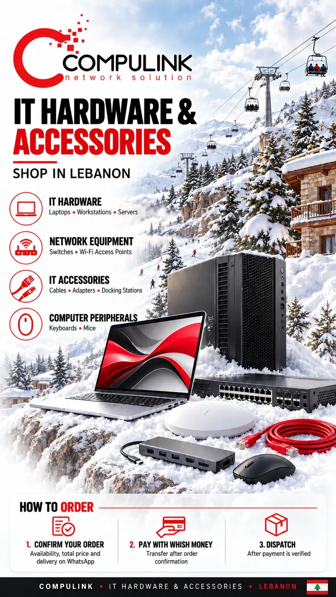 CompuLink IT hardware and accessories shop in Lebanon, showing a laptop, server, network switch, Wi-Fi access point, cables and adapters against a Faraya-inspired snowy mountain scene.