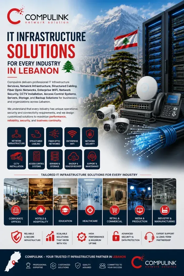 Compulink IT infrastructure solutions industry targeting in Lebanon for corporate offices, hotels, healthcare facilities, schools, retail stores, factories, warehouses, financial institutions, and media production companies.