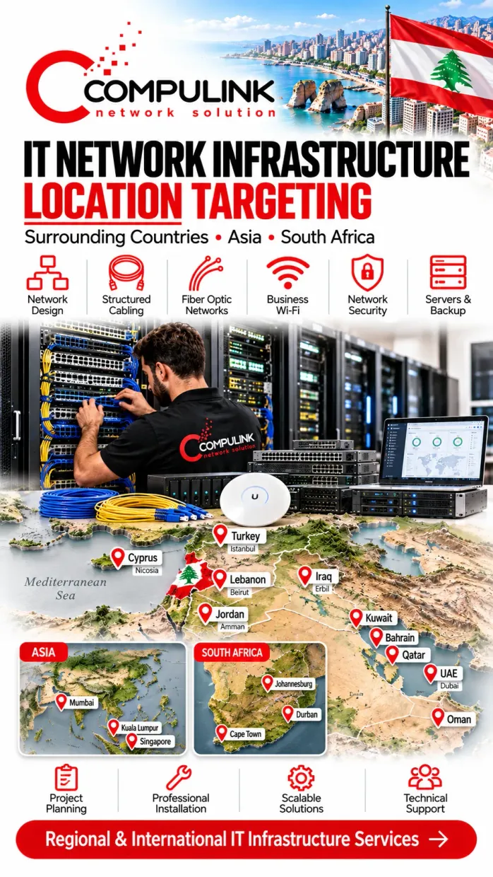 CompuLink technician installing network infrastructure, with regional maps highlighting countries surrounding Lebanon, Asia, and South Africa, network equipment, service icons, and the Lebanese flag.