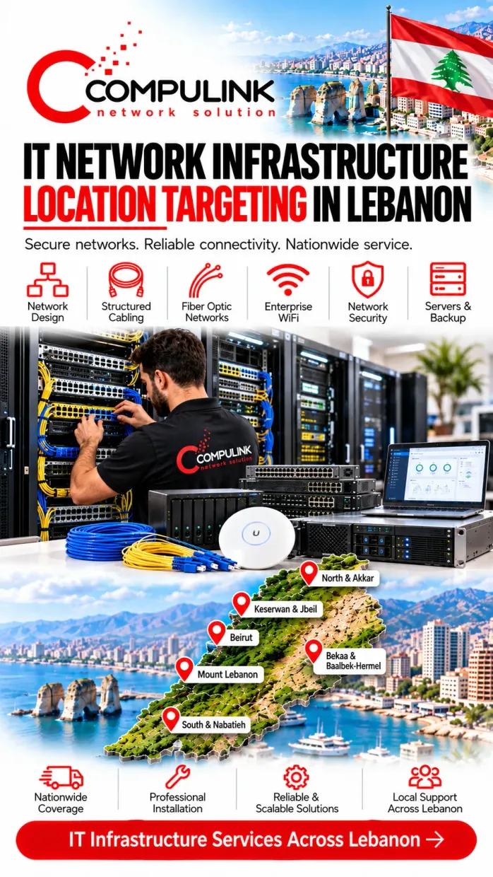 Compulink technician installing network infrastructure in a server cabinet, with networking equipment, service icons, the Lebanese flag, and a Lebanon map highlighting nationwide coverage. IT Network Infrastructure Services – Lebanon location targeting image.