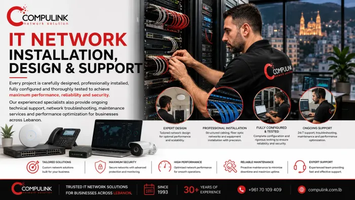 Professional IT network installation, network design and IT support services in Lebanon by Compulink, providing enterprise network infrastructure, structured cabling, fiber optic networks, WiFi mesh installation, network configuration, server installation, network troubleshooting, maintenance, performance optimization, and secure business IT solutions.