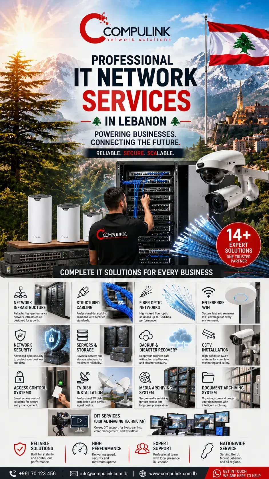 Compulink IT Network Services in Lebanon providing professional network infrastructure, structured cabling, fiber optic networks, enterprise WiFi installation, network security, cybersecurity, servers and storage, backup and disaster recovery, CCTV installation, access control systems, TV dish installation, media archiving, document archiving, Digital Imaging Technician DIT services, business IT solutions, and enterprise technology infrastructure across Lebanon.