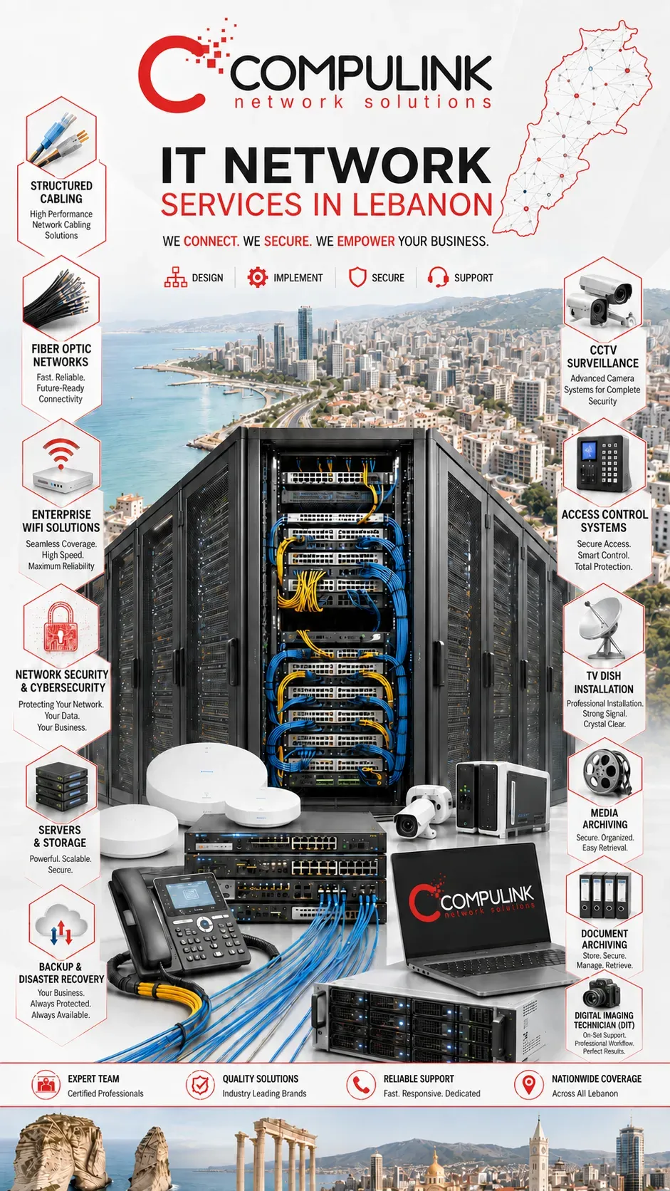 Compulink IT Network Infrastructure Services in Lebanon hero image featuring enterprise network solutions, structured cabling, fiber optic networks, enterprise WiFi installation, network security, cybersecurity, servers and storage, backup and disaster recovery, CCTV installation, access control systems, TV dish installation, media archiving, document archiving, and Digital Imaging Technician (DIT) services for businesses across Lebanon.