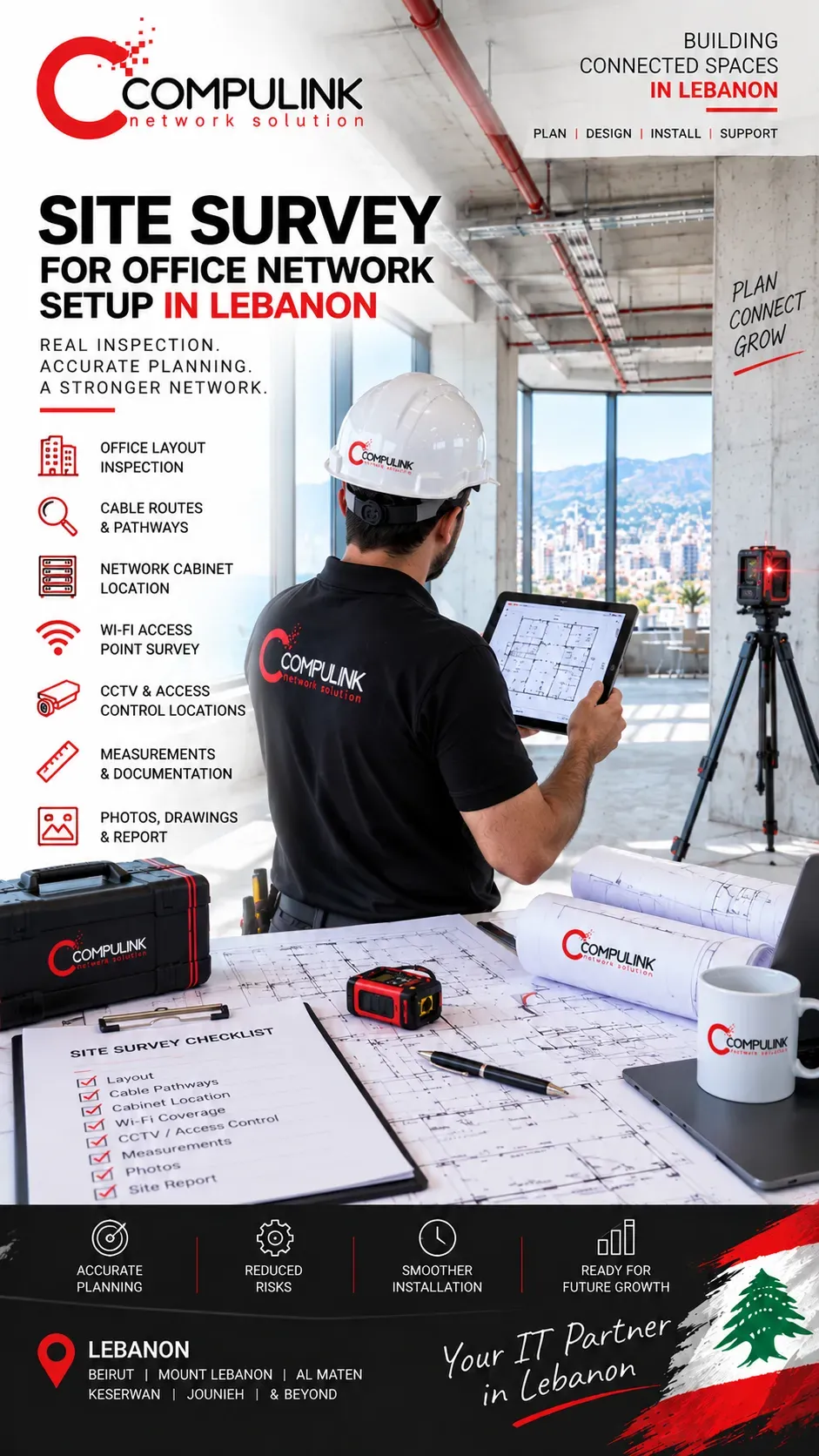 Compulink conducting a site survey for office network setup in Lebanon, inspecting cable pathways, network cabinet locations, Wi-Fi access points, CCTV, access control and office network infrastructure.