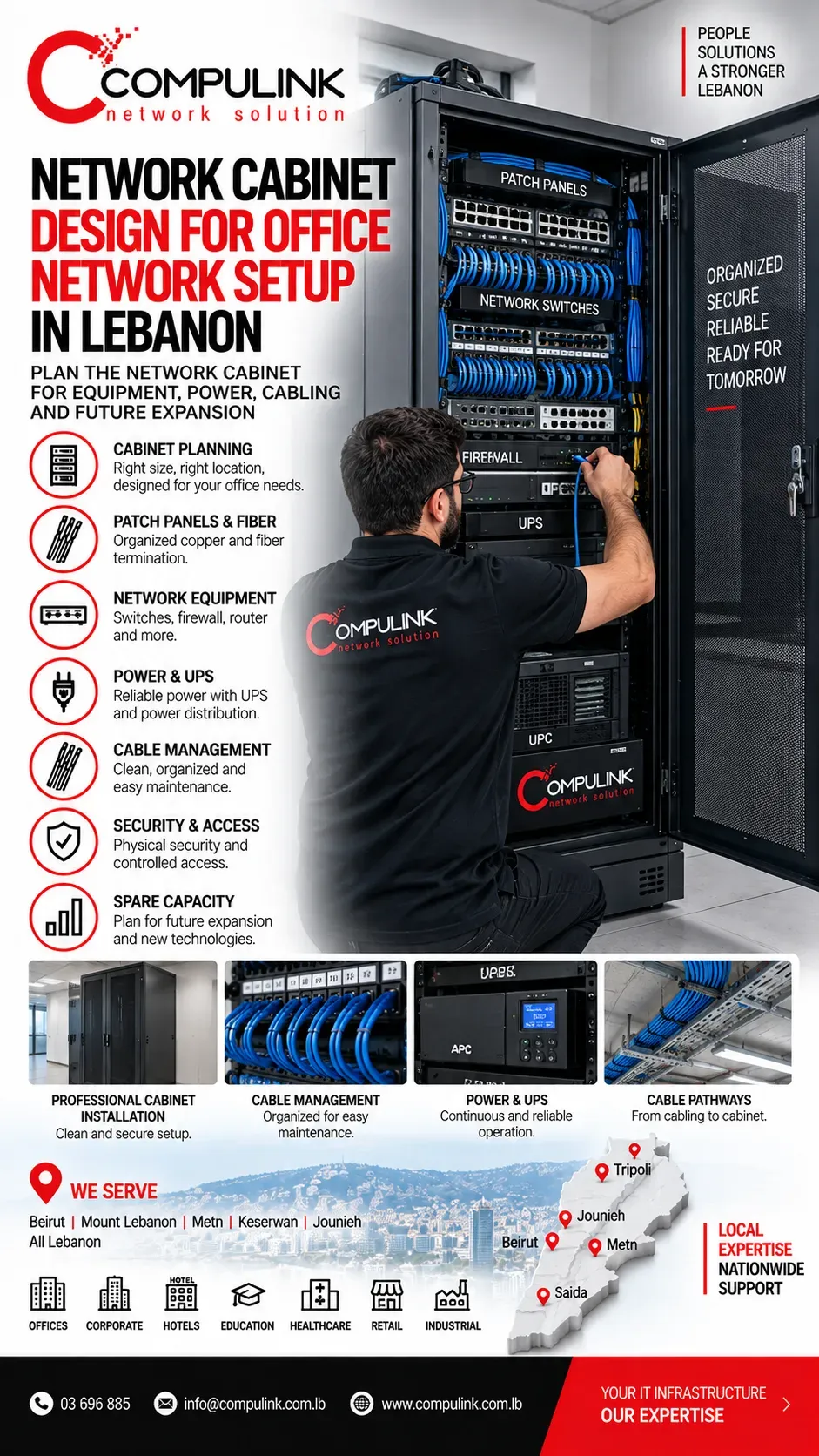 Compulink network cabinet design for office network setup in Lebanon, with organized patch panels, fiber termination, network switches, firewall, UPS, power distribution and cable management.