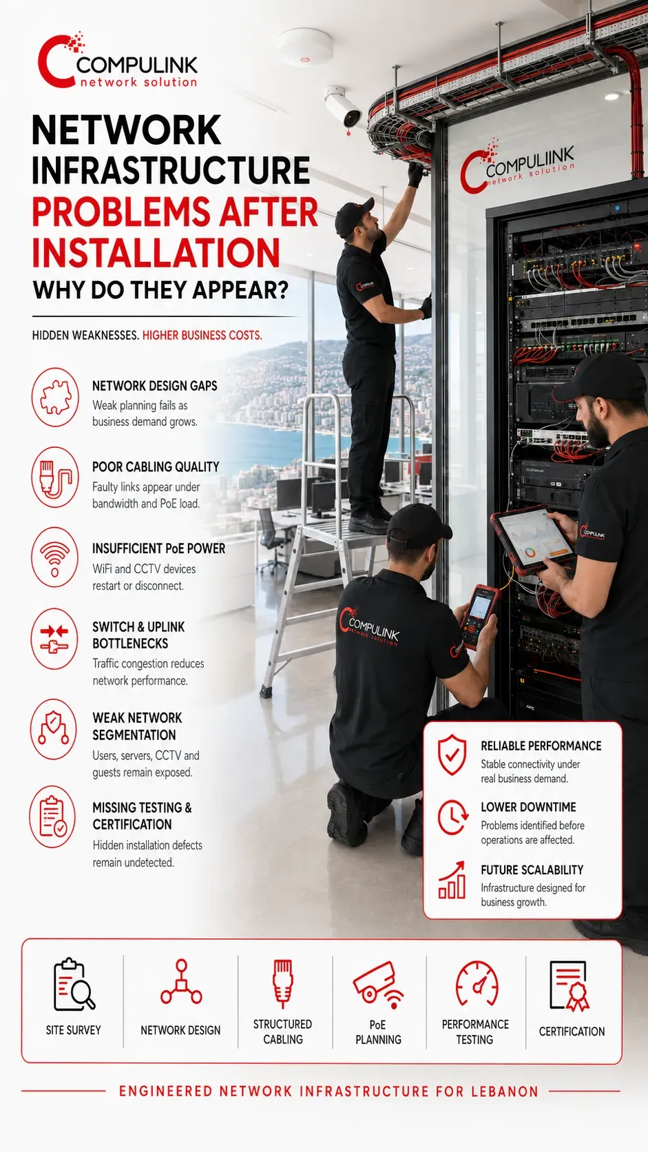 Compulink technicians diagnosing network infrastructure problems after installation in Lebanon, including structured cabling faults, insufficient PoE power, unstable WiFi and CCTV, switch bottlenecks, weak network segmentation, and missing certification.