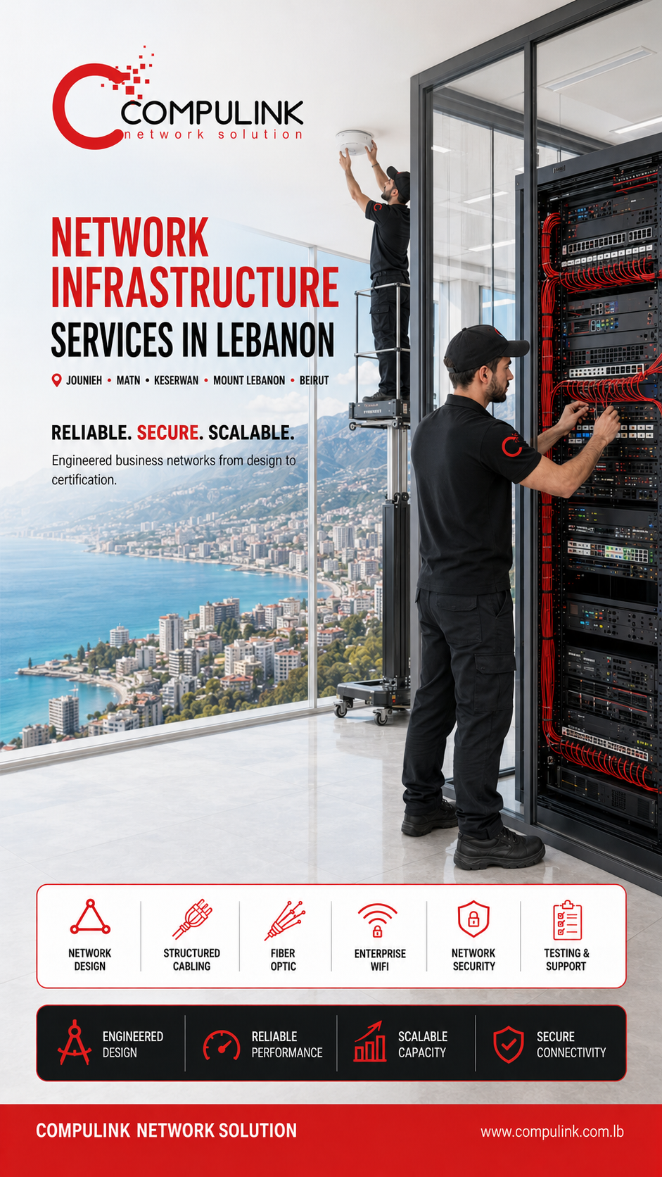 Compulink technician installing network infrastructure and structured cabling overlooking Jounieh Bay, serving Beirut, Keserwan, Mount Lebanon and across Lebanon.