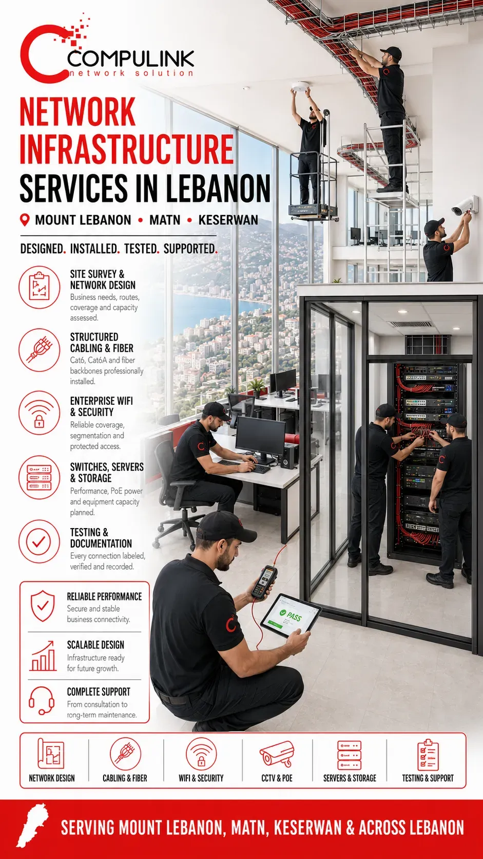 Compulink technicians installing structured cabling, enterprise WiFi, CCTV and a network room in a large Jounieh office, Lebanon.