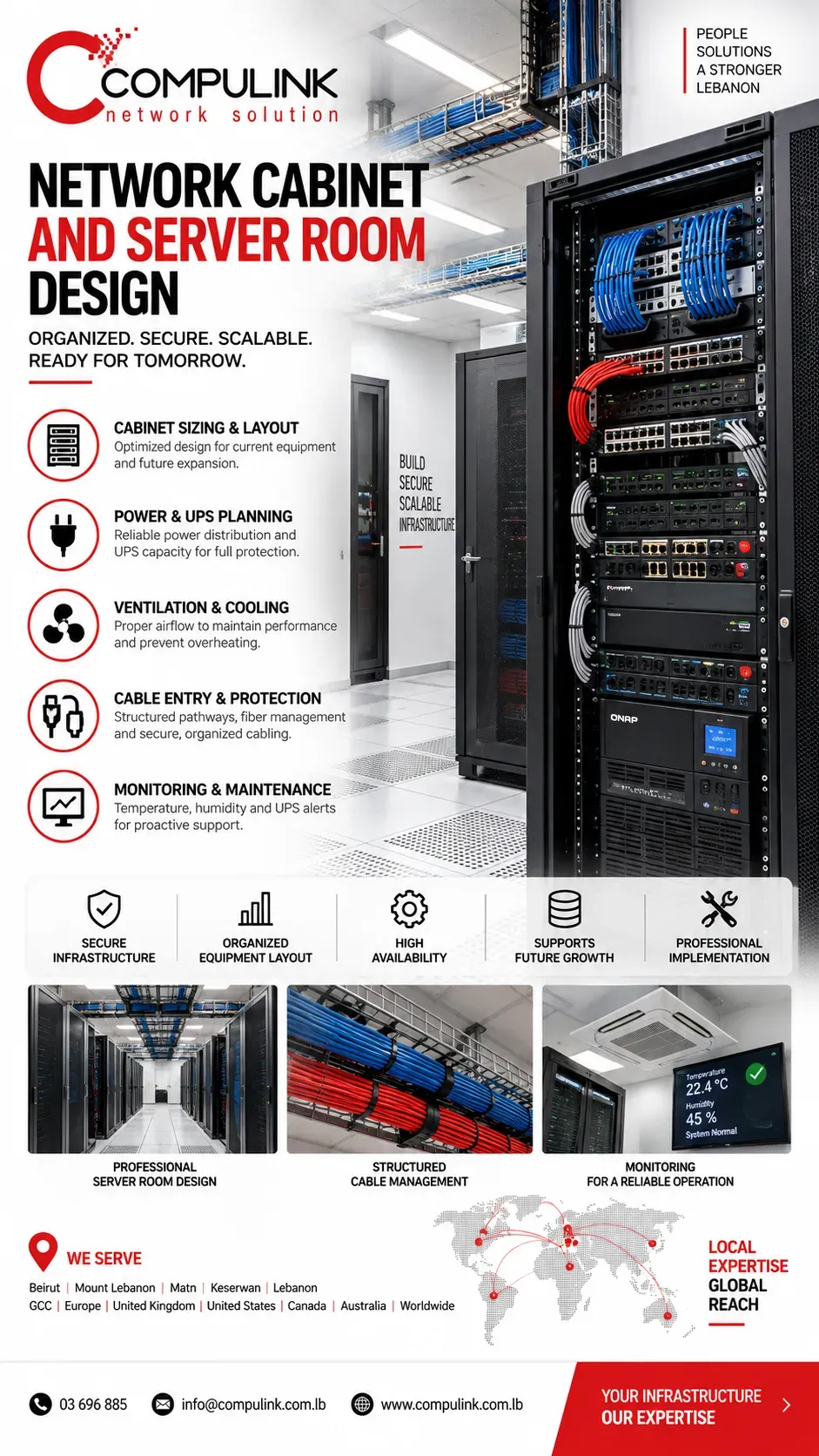 Compulink network cabinet and server room design with organized racks, structured cabling, UPS power, cooling and monitoring for network infrastructure in Lebanon.