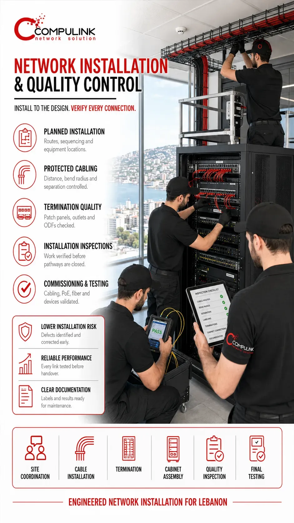 Compulink technicians performing network installation and quality control in Lebanon, including structured cabling, cabinet assembly, patch panel termination, fiber testing and certification.