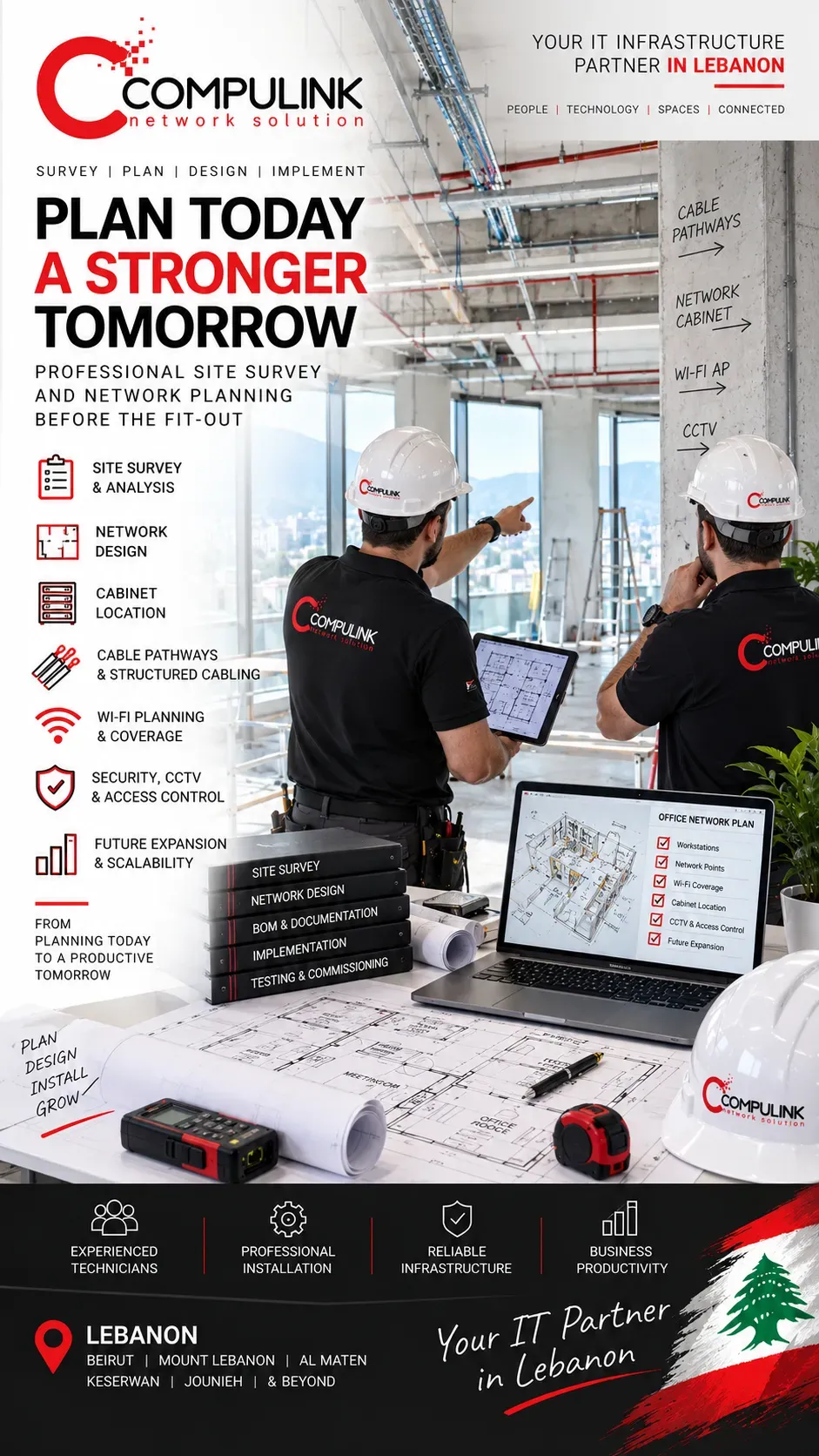 Compulink office IT network setup and installation in Lebanon with technicians conducting a site survey, reviewing network design, cable pathways, Wi-Fi coverage and cabinet locations before fit-out.