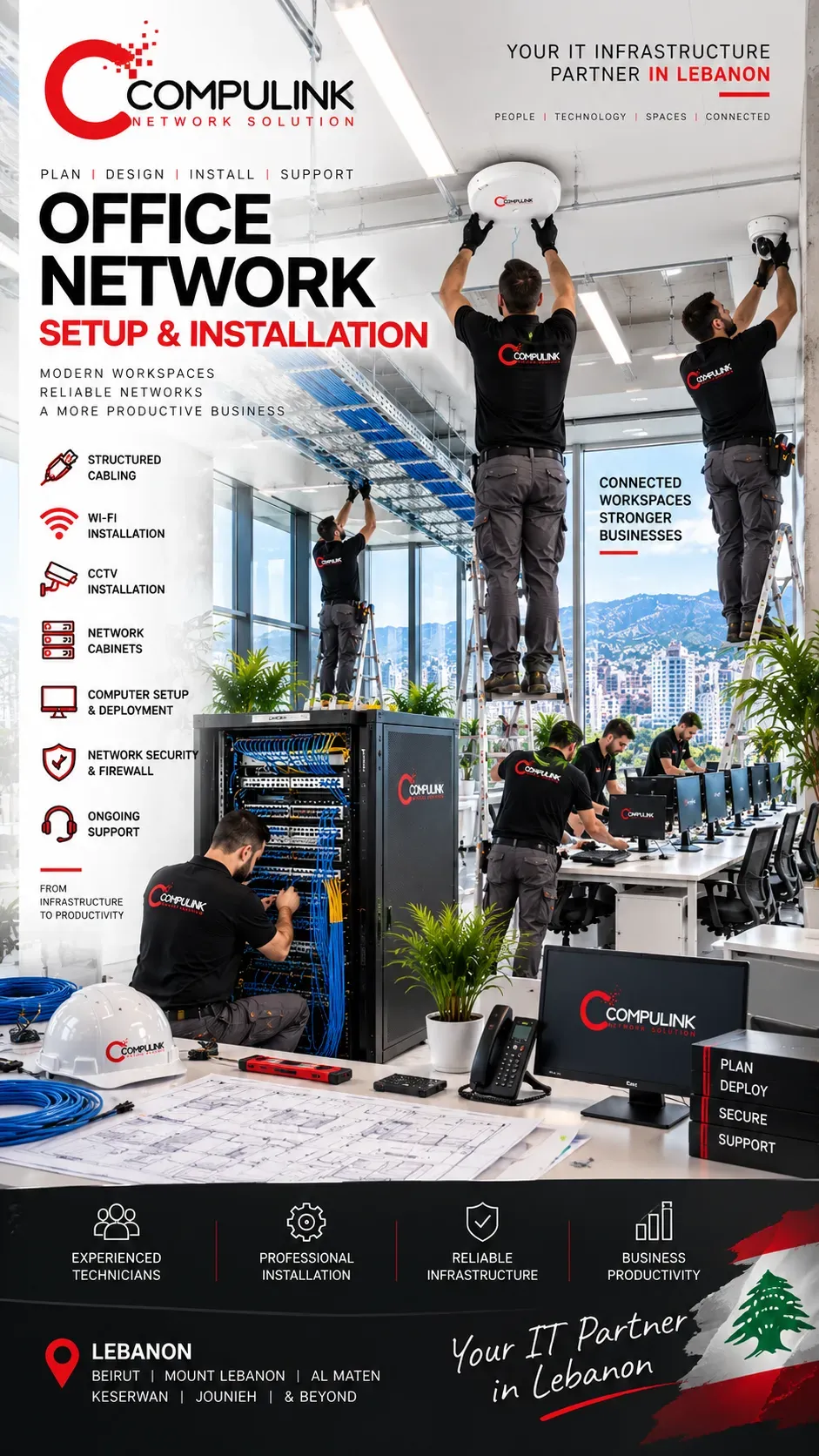 Office network setup and installation in Lebanon with Compulink technicians installing structured cabling, Wi-Fi, CCTV, network cabinets and computers.