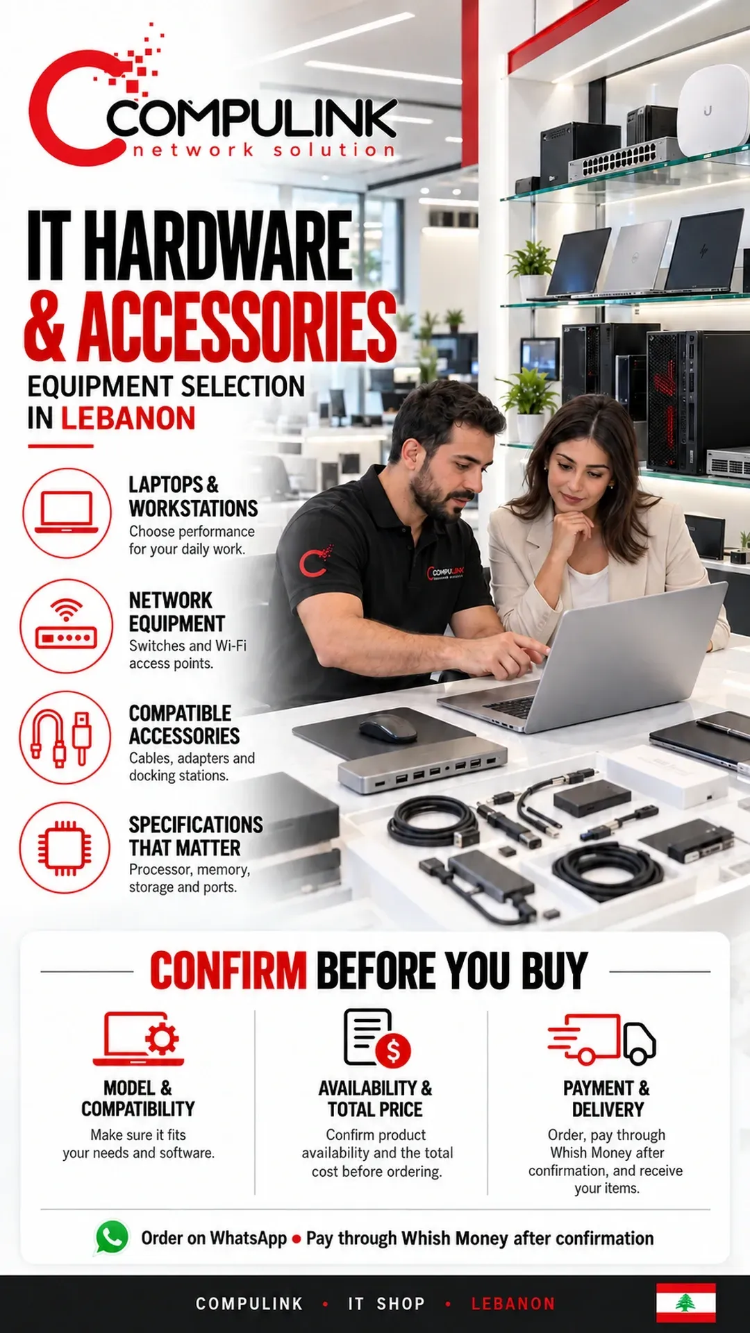 CompuLink IT hardware and accessories shop in Lebanon, illustrated by a technician reviewing a laptop with a customer beside network equipment, docking stations, cables and adapters.