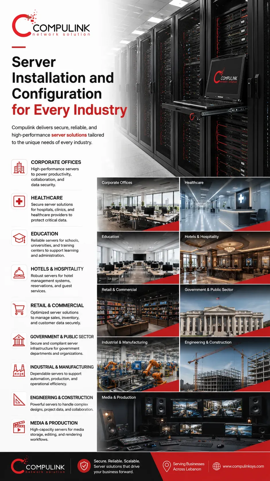 Compulink server installation and configuration for industry targeting in Lebanon, including corporate offices, healthcare, education, hotels, retail, government, industrial, engineering and media.
