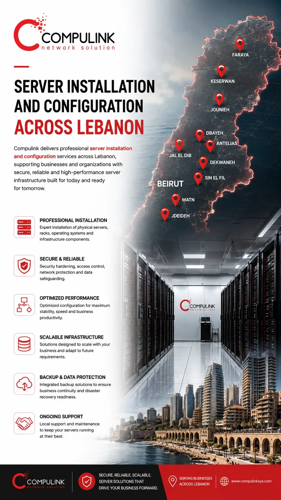 Compulink server installation and configuration in Lebanon serving Beirut, Matn, Sin El Fil, Dekwaneh, Jdeideh, Antelias, Jal El Dib, Dbayeh, Jounieh, Keserwan and Faraya with professional enterprise server infrastructure solutions.