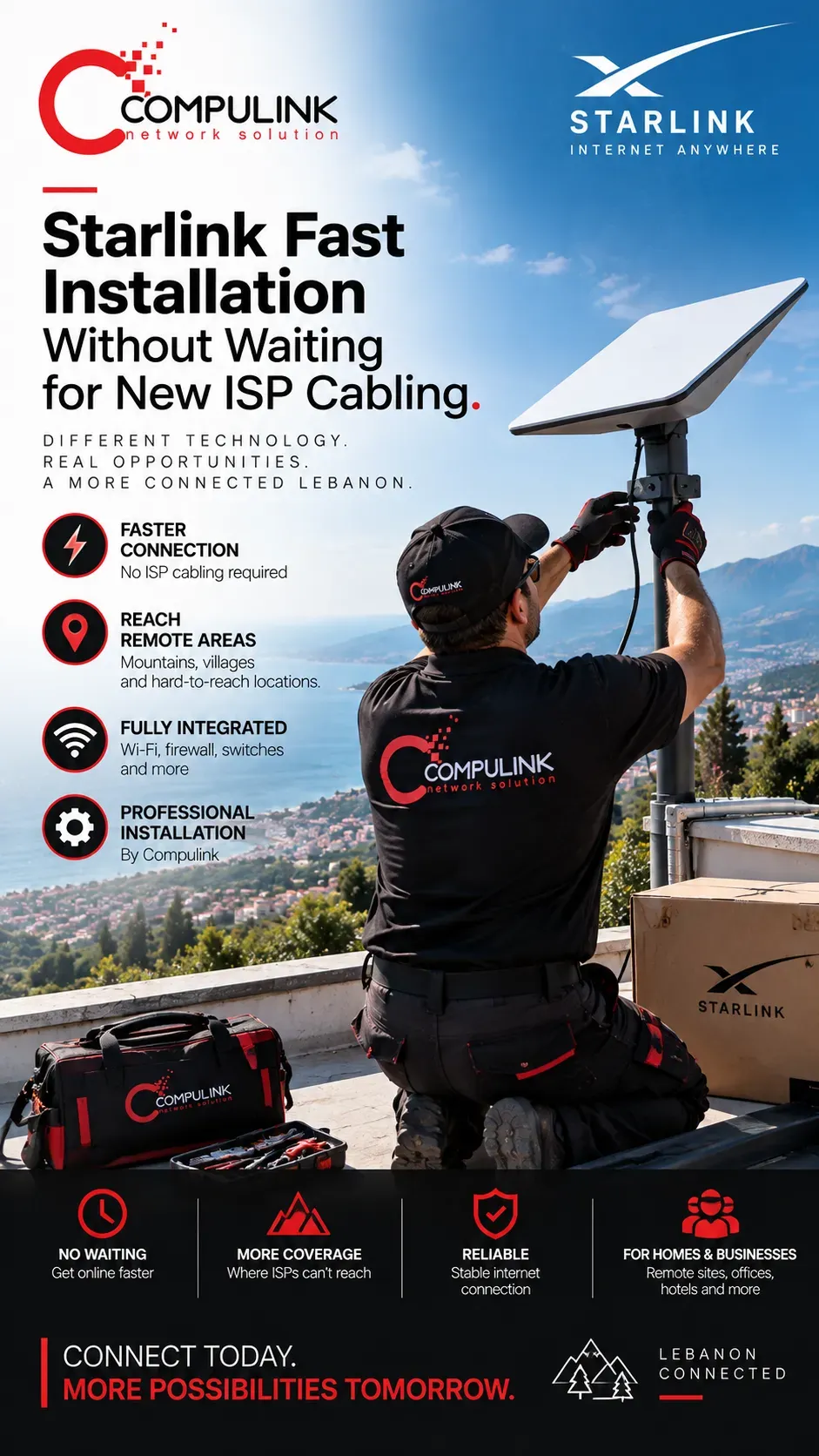 Compulink technician performing professional Starlink fast installation in Lebanon without waiting for new ISP cabling, with Wi-Fi and network integration