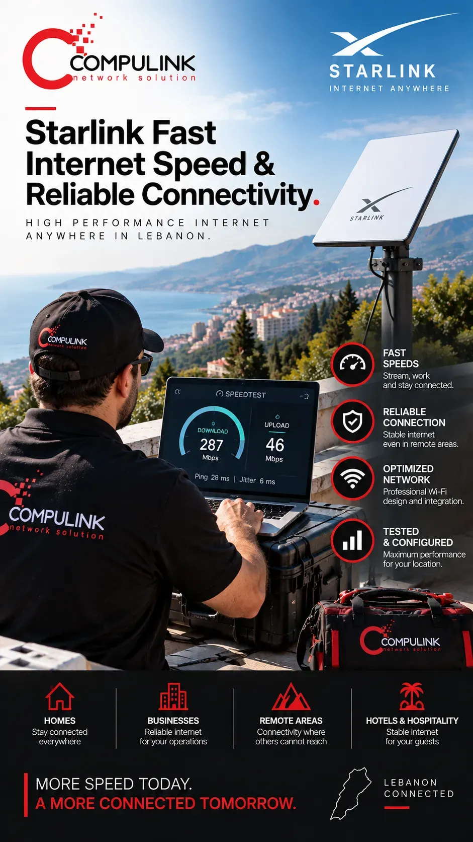 Compulink technician testing Starlink fast internet speed and reliable connectivity in Lebanon with professional Wi-Fi and network integration