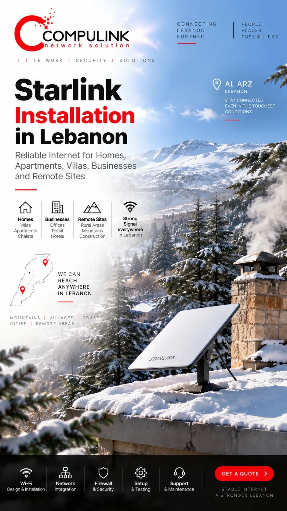 Compulink Starlink installation in Lebanon on a snow-covered rooftop in Al Arz for homes, businesses and remote locations