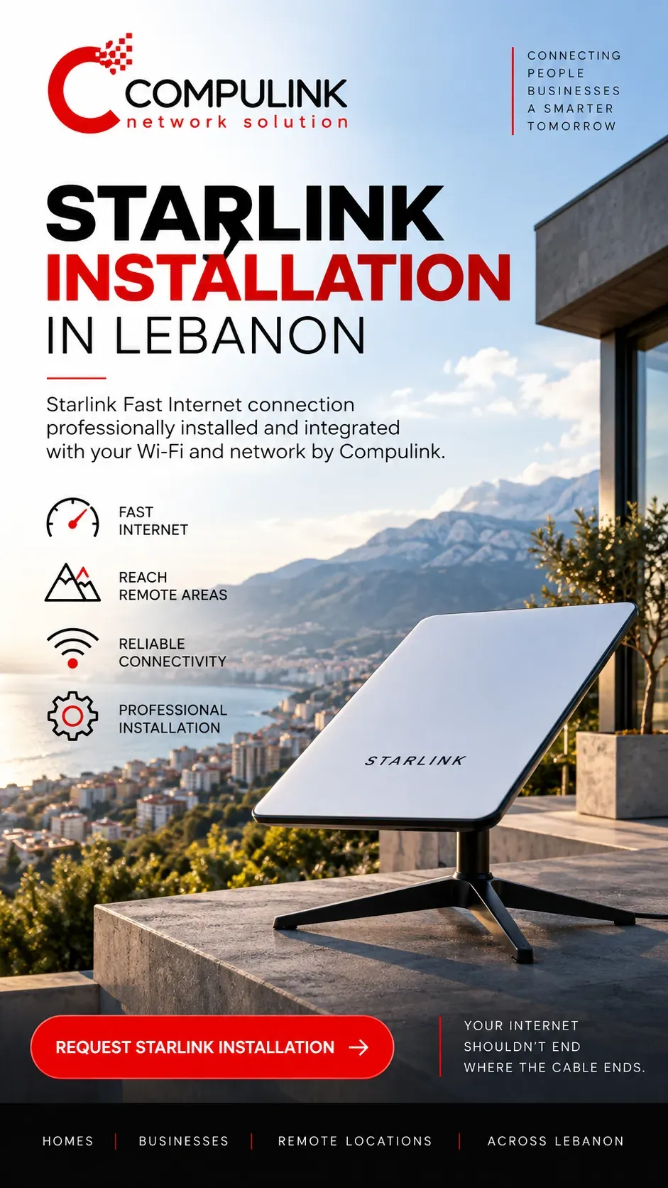 Compulink Starlink installation in Lebanon providing fast internet, Wi-Fi and reliable connectivity for locations beyond traditional ISP coverage