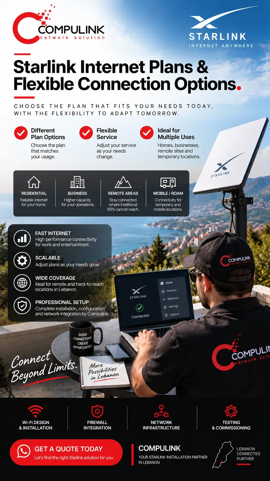 Compulink Starlink Internet plans and flexible connection options in Lebanon with professional Starlink installation, Wi-Fi, firewall and network integration