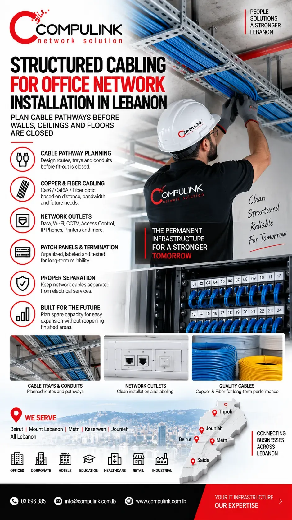 Compulink structured cabling for office network installation in Lebanon, including cable pathway planning, copper and fiber cabling, network outlets, patch panels, cable trays, termination and labeling.