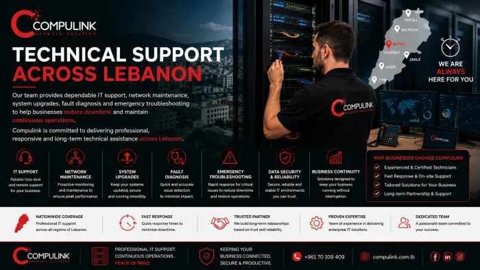 Professional IT technical support services in Lebanon by Compulink, providing business IT support, network maintenance, system upgrades, network troubleshooting, fault diagnosis, emergency IT support, server maintenance, network optimization, cybersecurity support, and enterprise IT infrastructure maintenance for businesses across Lebanon.