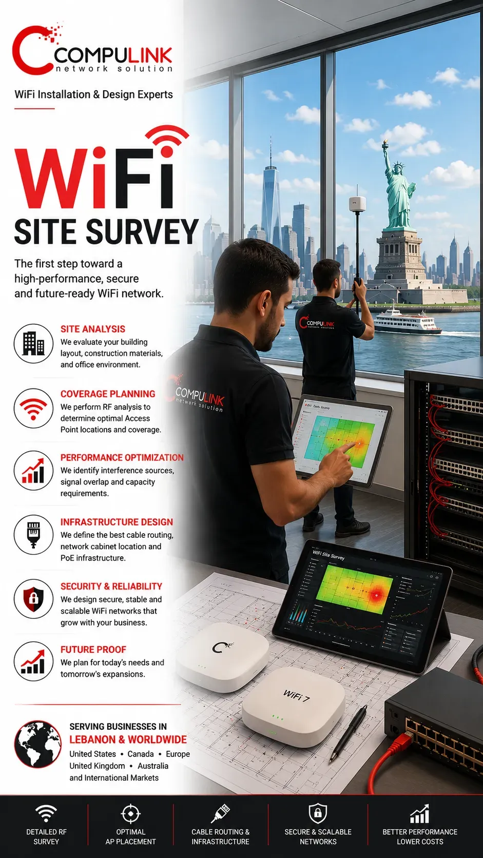 Compulink WiFi Site Survey for WiFi 7 Installation & Design, featuring wireless coverage analysis, RF site survey, access point planning, WiFi infrastructure design, and professional business WiFi solutions across Lebanon, Europe, the United Kingdom, the United States, Canada, Australia, and worldwide.
