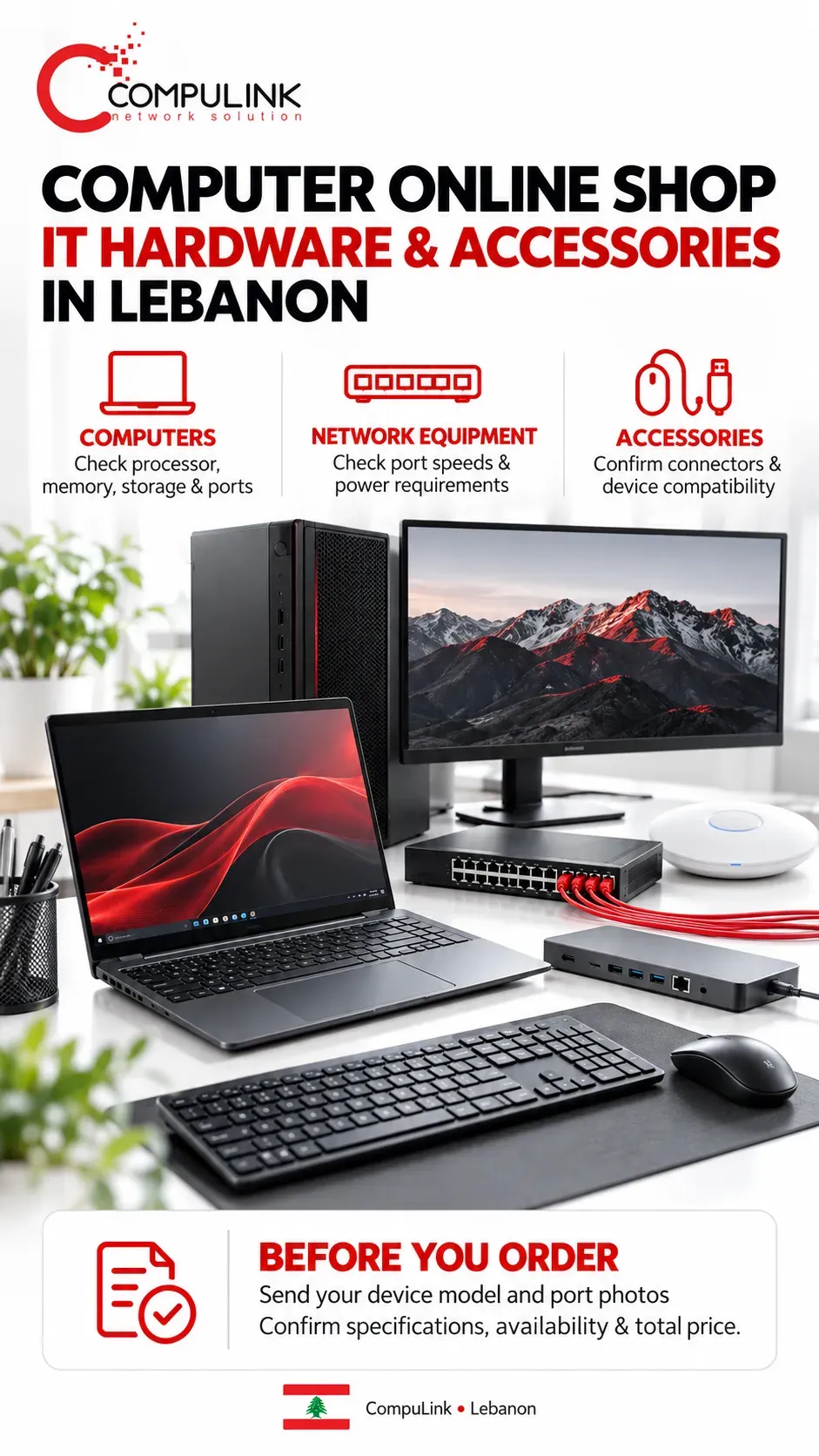 CompuLink computer online shop in Lebanon showing a laptop, desktop, network switch and accessories, with buying checks for specifications, power and compatibility.