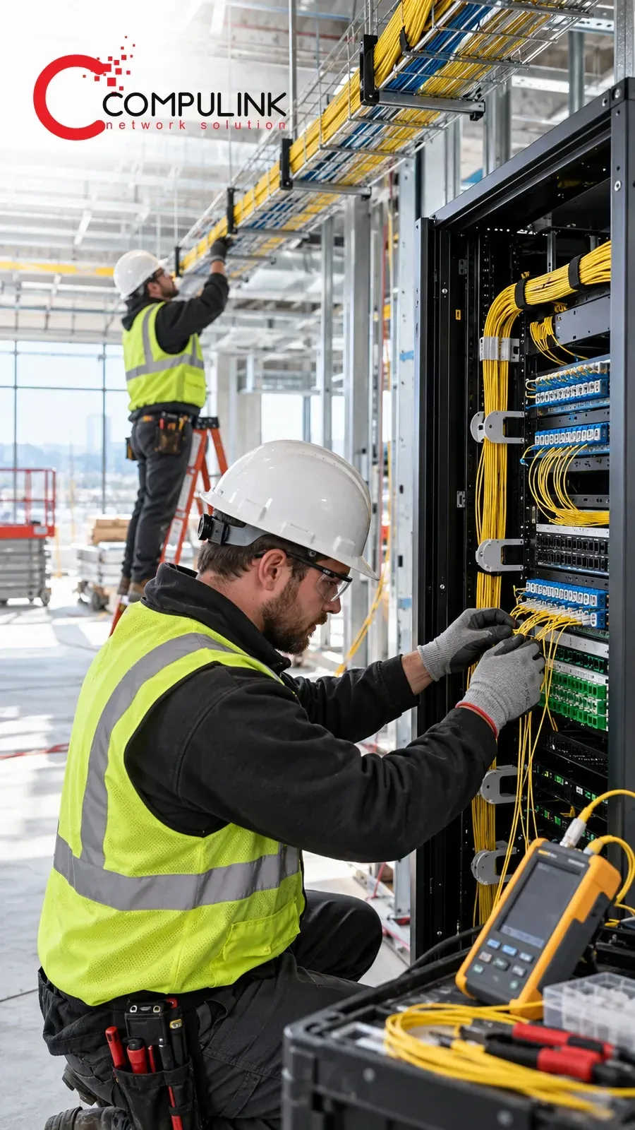 Technicians install fiber optic cabling in a network cabinet, check overhead cable routes, and use a fiber tester at a construction site, illustrating Compulink’s USA network infrastructure services.