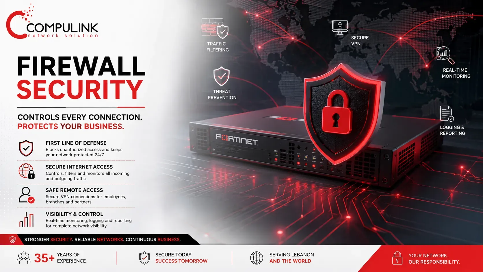 Fortinet Firewall Security Solutions professionally designed, configured, and deployed by Compulink to protect business networks through advanced Network Security, secure Internet access, VPN connectivity, intrusion prevention, traffic filtering, real-time monitoring, logging, and enterprise Firewall Security services for businesses in Lebanon and international markets.