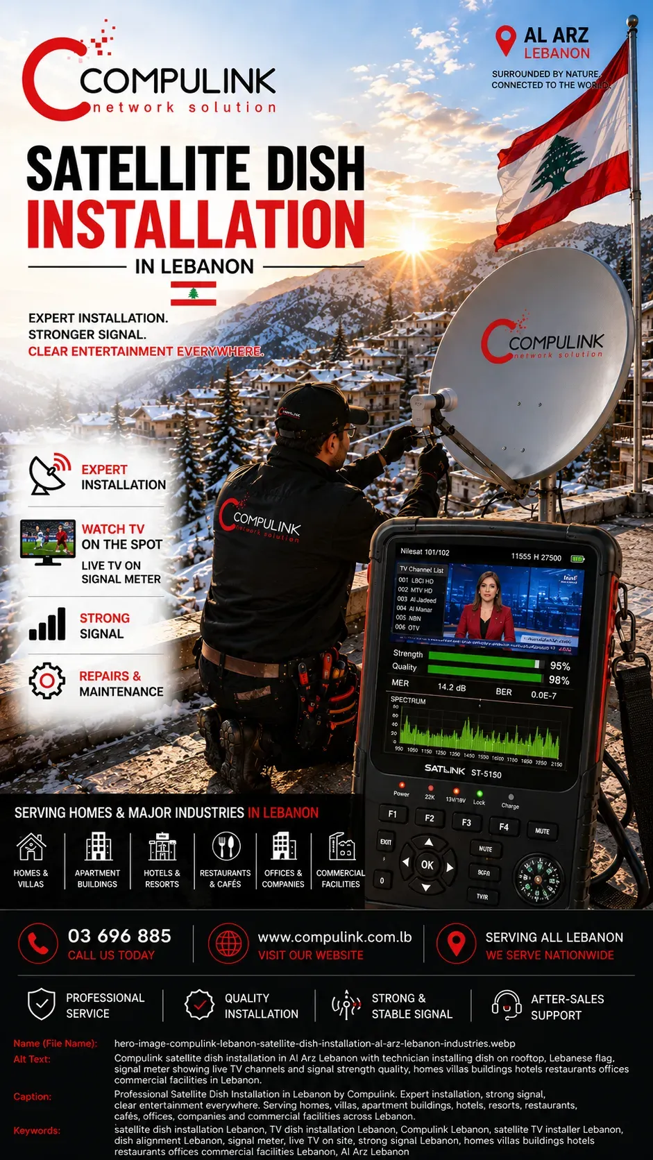 Compulink Hero Image showing professional Satellite Dish Installation in Al Arz, Lebanon, with a Network Infrastructure Specialist installing a satellite dish on a rooftop beside the Lebanese flag using a professional satellite signal meter displaying live TV channels, surrounded by snow-covered cedar mountains, serving homes, villas, apartment buildings, hotels, restaurants, offices, and commercial facilities across Lebanon.