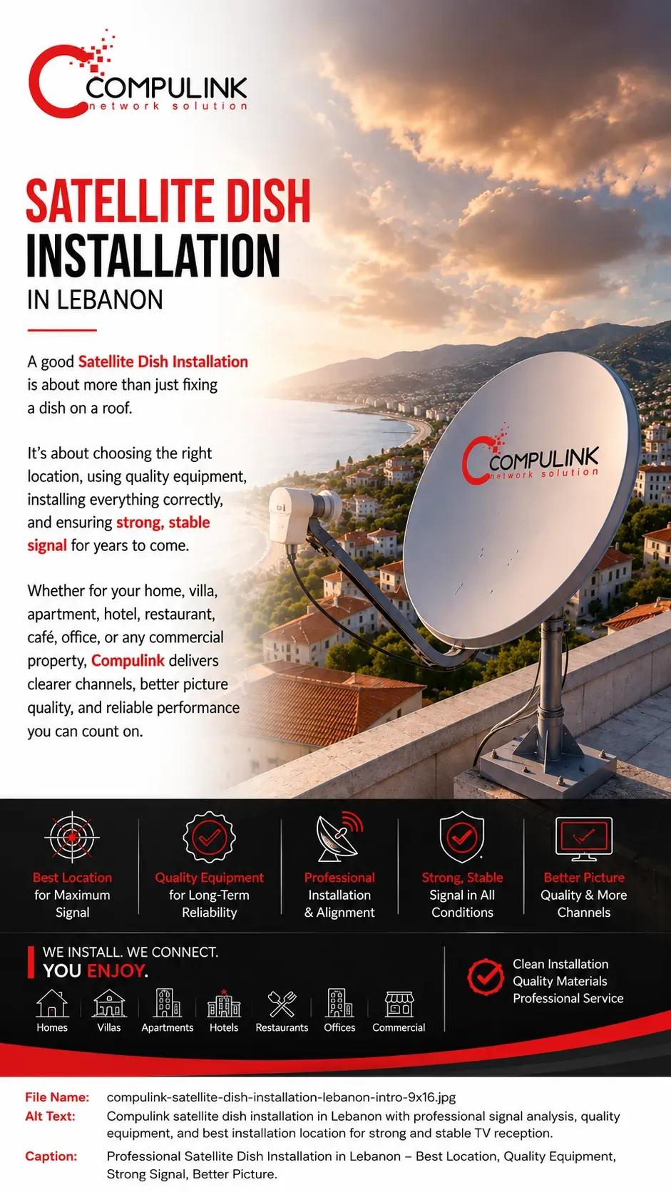 Compulink Hero Image for Satellite Dish Installation in Lebanon showing a professionally installed satellite dish on a rooftop using high-quality installation materials, serving homes, villas, apartment buildings, hotels, restaurants, cafés, offices, and commercial facilities with reliable TV reception, strong signal quality, and long-term performance throughout Lebanon.